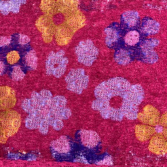 Pink floral scarf with pom pom trim, bohemian hippie retro boho chic Y2K groovy - Picture 8 of 9